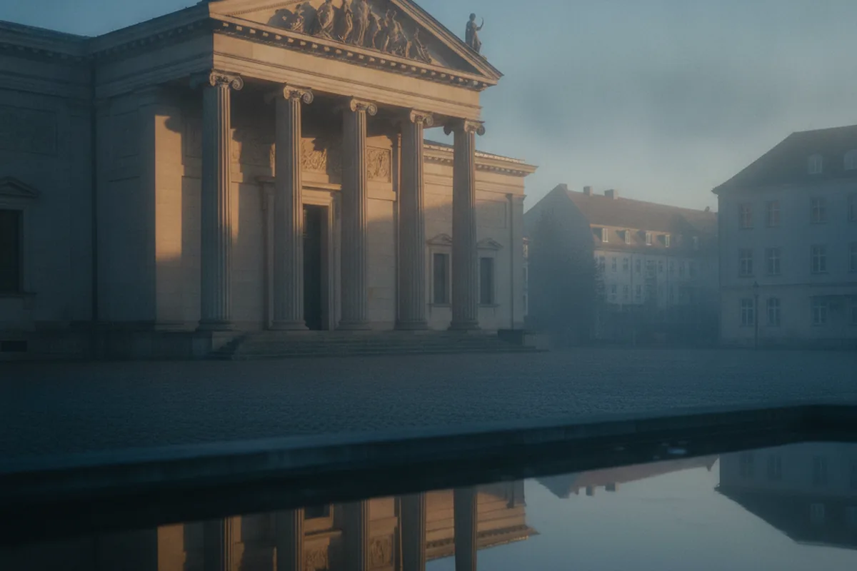 Neoklassizistisches Kulturgebäude mit Säulenportikus im Abendlicht — sinnbildlich für Naumburgs Nietzsche-Heritage