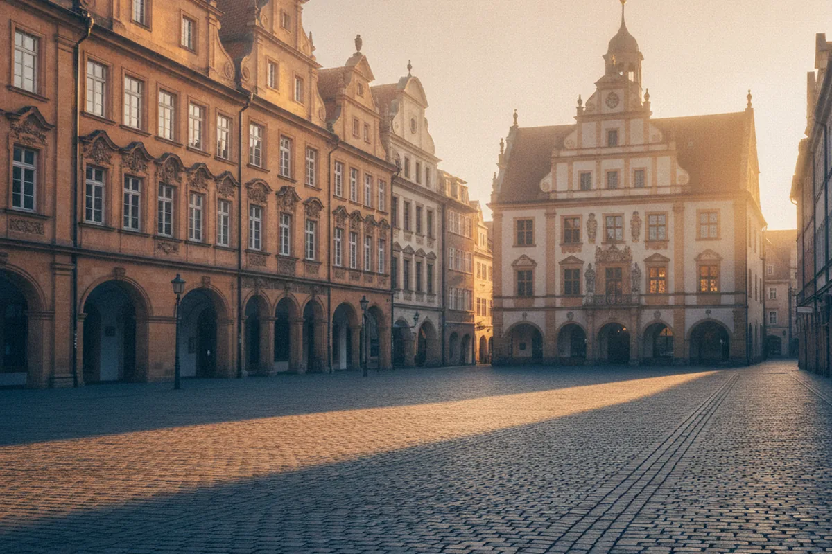 Cobblestone-Marktplatz mit Barockfassaden im Abendlicht — sinnbildlich für Naumburgs Altstadt
