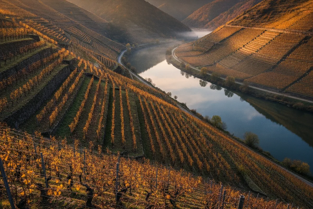 Terrassierte Weinberge an Flussufern im Herbstlicht — sinnbildlich für die Saale-Unstrut-Weinregion